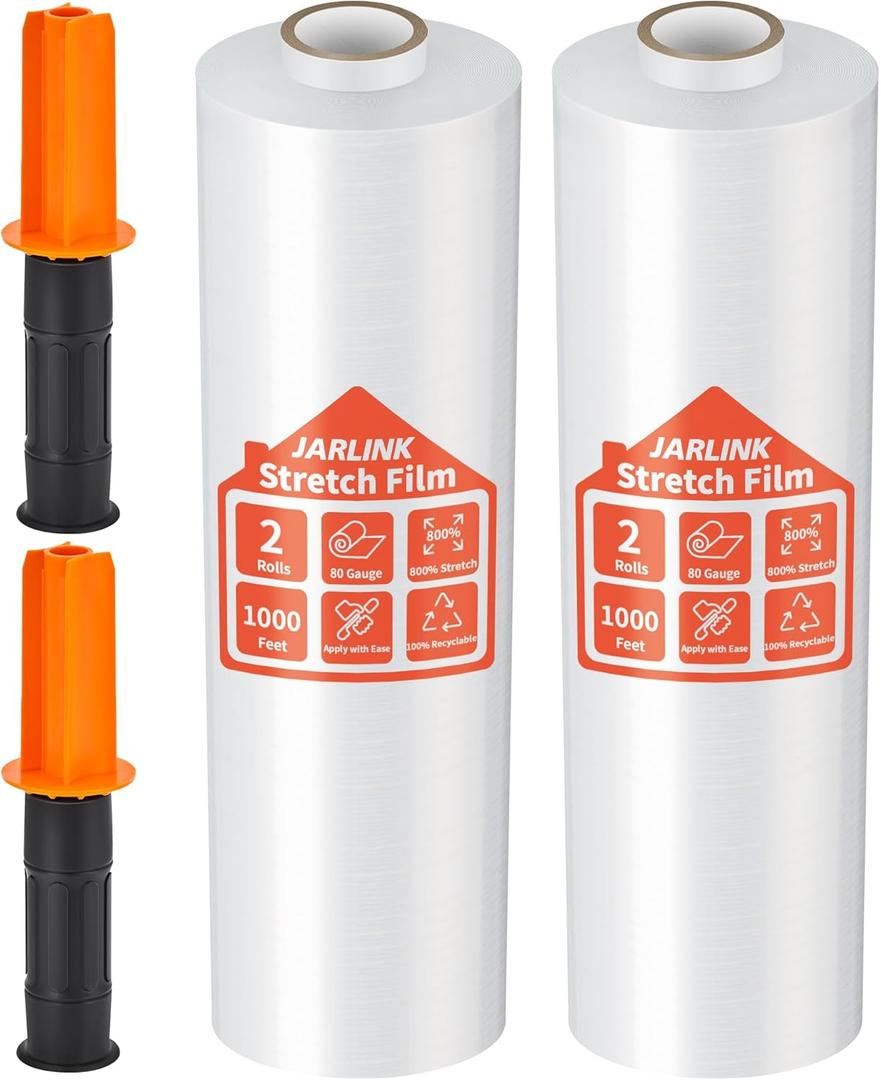 JARLINK Stretch Film, 80 Gauge,15 Inch x 1000 Feet Shrink Wrap for Pallet Wrap, Industrial Strength Stretch Wrap up to 800% Stretch with Handles, Moving Wrapping Plastic Roll, 2 Pack
