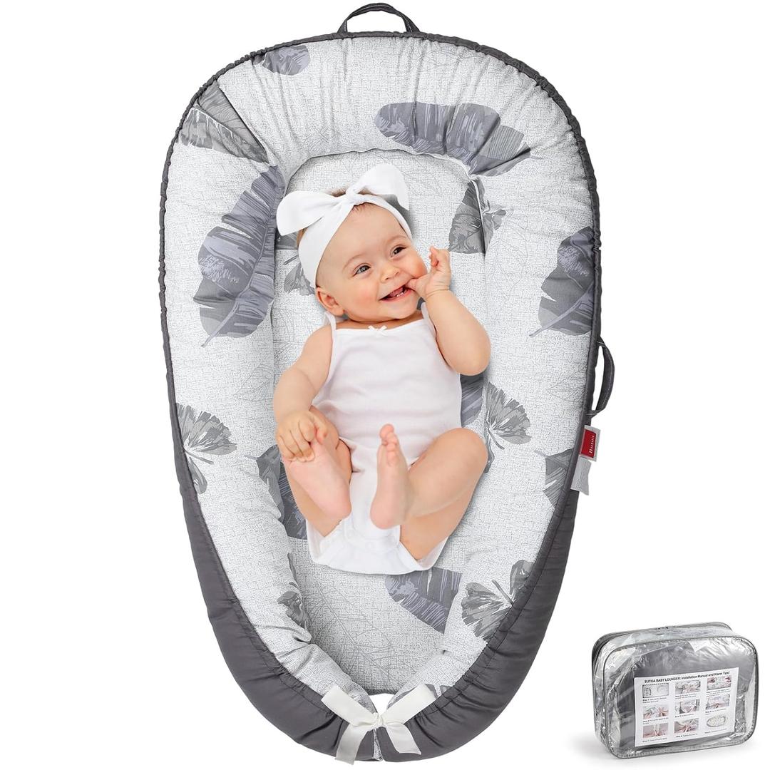 Baby Lounger - Baby Lounger for Newborn 0-24 Months, Breathable & Soft Baby Nest, Portable and Lightweight Infant Lounger for Home and Travel, Ideal Newborn Babies Essentials Baby Shower Gifts (Grey Leaves)