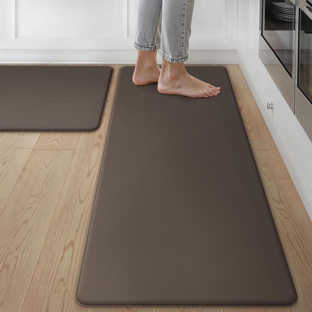 GENIMO Kitchen Mats for Floor 2PCs, Washable Anti Fatigue Mat for Cushioned, 17.3"x47"+17.3"x30", Waterproof Kitchen Rugs, Non Slip Comfort Standing Mat Rug for Home, Sink, Laundry, Chocolate