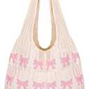 Pink Bow Crochet Tote Bag Coquette Bowknot Aesthetic Beach Mesh Knitted Shoulder Bag for Women Summer Beach Shopping