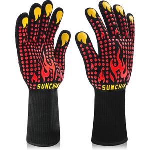 BBQ Fireproof Gloves, Grill Cut-Resistant 1472°F Heat Resistant Gloves, Non-Slip Silicone Oven Gloves, Kitchen Safe Cooking Gloves for Oven Mitts,Barbecue,Cooking, Frying,13 Inch 2pc