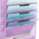 EASEPRES 6 Tier Mesh Hanging Wall File Organizer, Desk Vertical Mail Paper Document Folder Holder Rack with Bottom Tray and Nametag Label for Office Home School, Light Purple