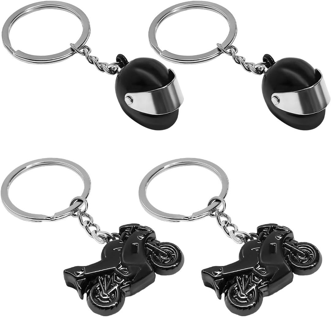 4 PCS Motorcycle Helmet Keychain, Creative Motorcycle Keychain Helmet Key Fob, 3D Metal Motorbike Keyring for Men (Black)