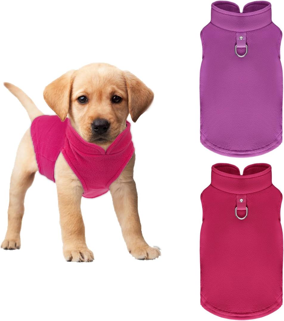 2 Pcs Dog Fleece Vest Sweater Winter Warm Dog Sleeveless Jacket Soft Pullover Fleece Cold Weather Coat Hoodie with D-Ring Leash for Small Medium Dogs Unisex (Purple,Pink, Medium)