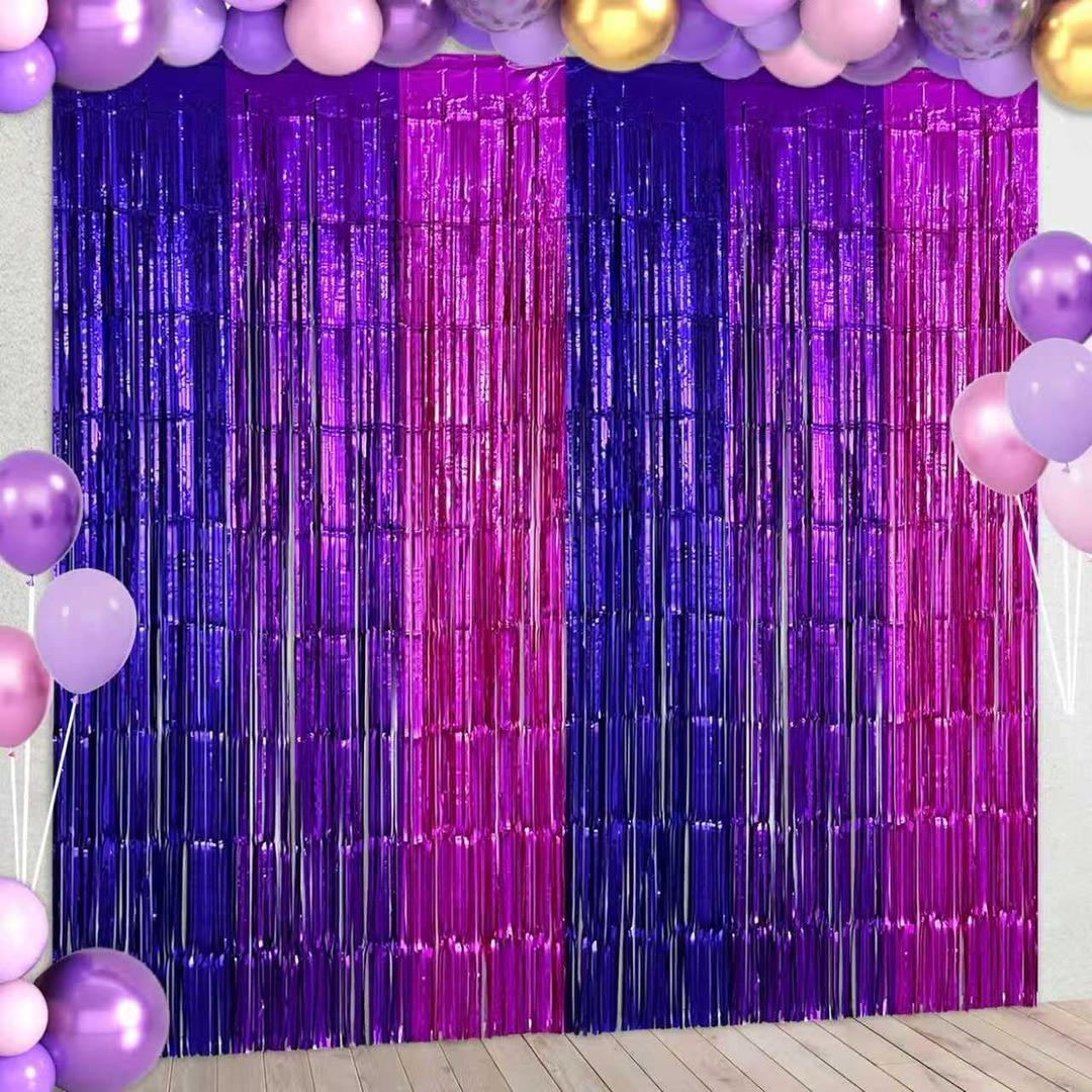 4 Pack Purple Pink Foil Fringe Curtains Streamers Backdrop for Music Themed Party Decorations, Girls Butterfly Birthday Party Decorations Supplies