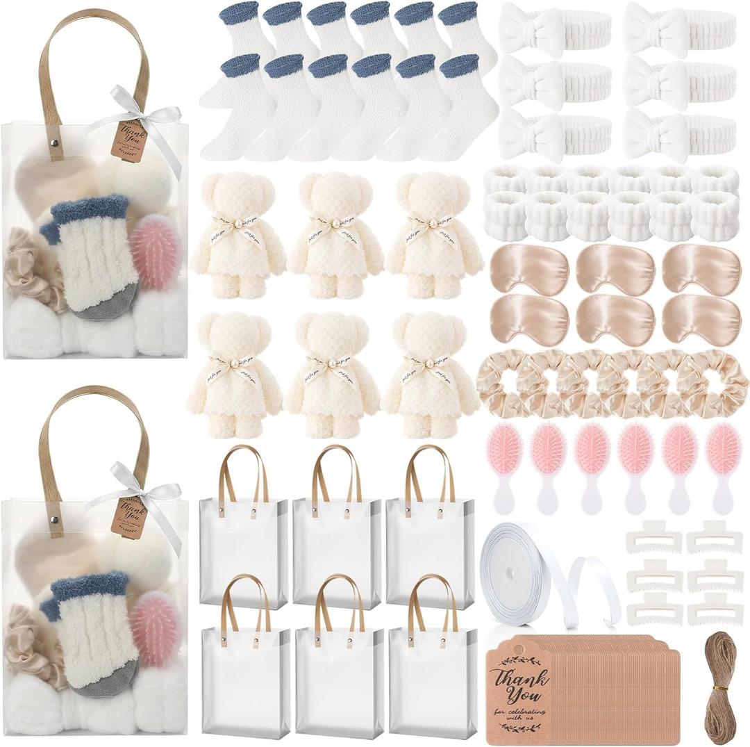 6 Set Spa Birthday Gifts for Women Guests, Bridesmaid Party Favors Bulk with Towels Socks Hair Tie & Clip Eye Masks for Mother's Day Bridal Shower Bachelorette Wedding Supplies(White)