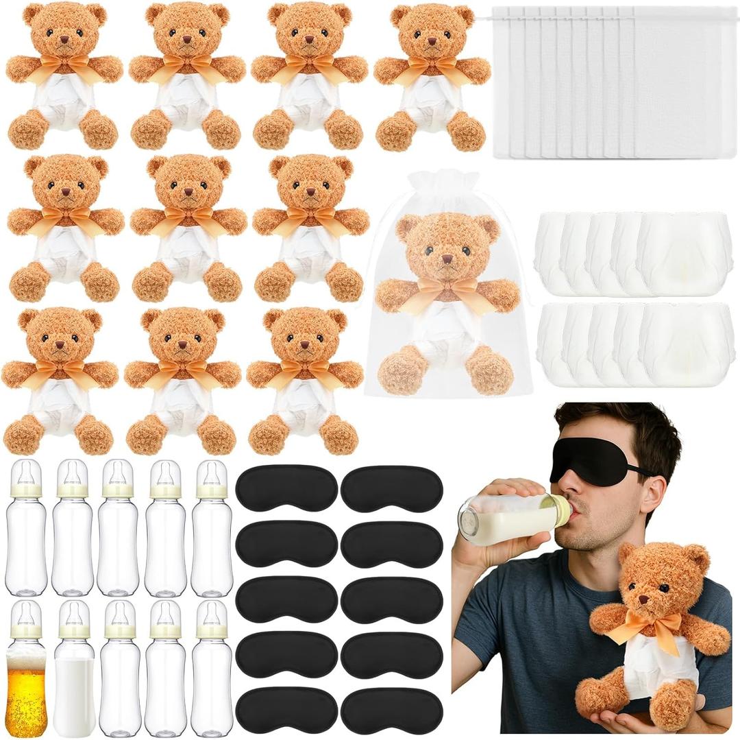 10 Set Bottle Chug Baby Shower Games Brown Bear Blindfolded Diaper Changing Christmas Party Games Kits Bottles Diapers Blindfold Eye Masks Bear Baby Shower Christmas Party Guest Gifts
