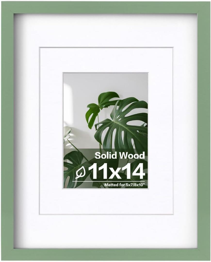 Egofine 11x14 Picture Frame Made of Solid Wood Covered by Plexiglass, Display Pictures 5x7/8x10 with Mat or 11x14 Without Mat for Table Top Display and Wall Mounting Photo Frame, Green