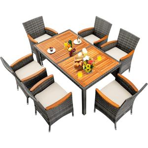 7 Piece Patio Dining Set, Outdoor Rattan Acacia Wood Table and Cushioned Chairs, Conversation Furniture Set for Deck Backyard Lawn Garden