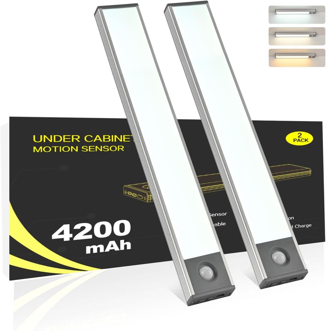 Under Cabinet Lighting, 4200mAh Motion Sensor Light Indoor, 3 Color Temp Rechargeable Battery Operated LED Closet Lights, Magnetic Under Counter Lights for Kitchen Stair (11 Inch, 2 Pack)