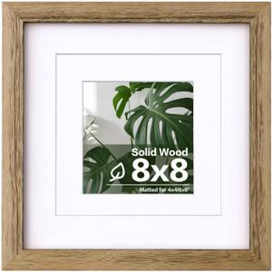 Egofine 8x8 Picture Frame Made of Solid Wood with Plexiglass, Display Pictures 4x4/6x6 with Mat or 8x8 Without Mat for Tabletop and Wall Mounting, Carbonized Brown