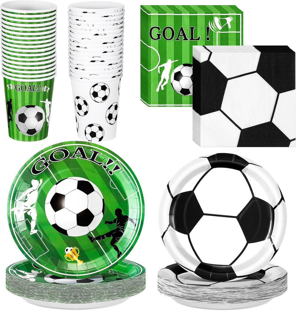 Domensi 200 Pcs Soccer Birthday Party Supplies for 50 Guests Includes 7 Inch 9 Inch Soccer Paper Plate 9 oz Disposable Cups and Napkins for Soccers Birthday Tableware Set Sports Party Decorations