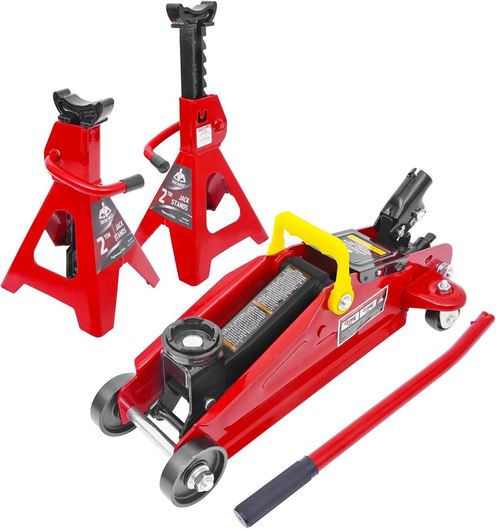 2T Hydraulic Floor Jack Combo with Two Jack Stands, 4000 lbs Capacity Trolley Service Jack Combo Red and Black
