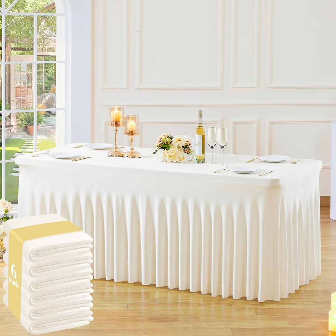 6 Pack Ivory Table Cloth for 6 Foot Rectangle Tables Spandex Fitted Tablecloth 6ft Stretch Table Covers Skirt Ivory Banquet Tablecloths Wrinkle Free Tablecloth for Party Wedding Birthday Event