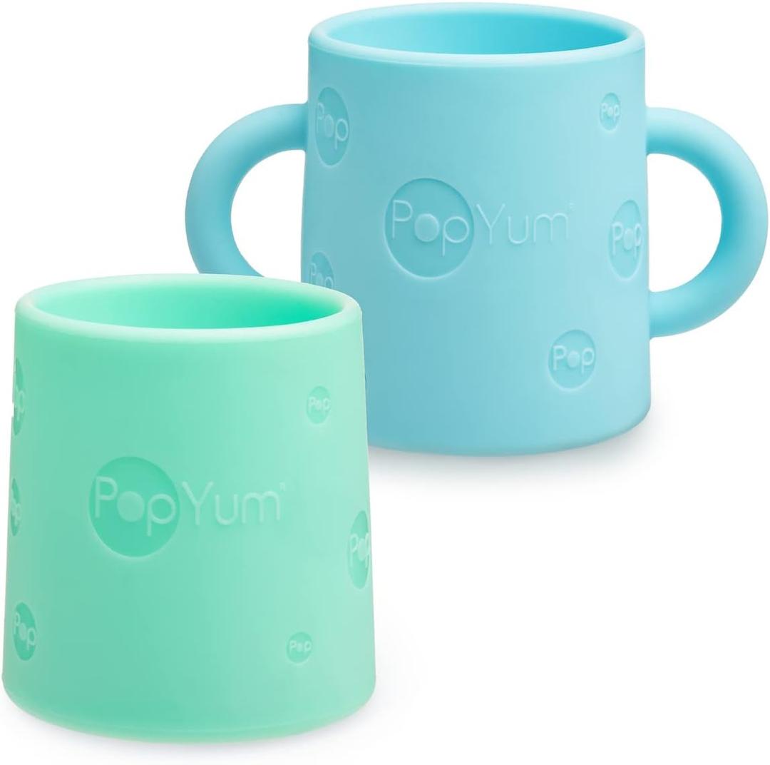 PopYum Silicone Training Cup 2-Pack for Baby and Toddler, handles, BPA Free, self feeding training, tumbler (sky blue and mint green)