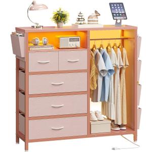 Dresser with Clothes Rack, 5 Drawer Chest with Charging Station & LED, 20.5"D x 43.3"W x 42.9"H