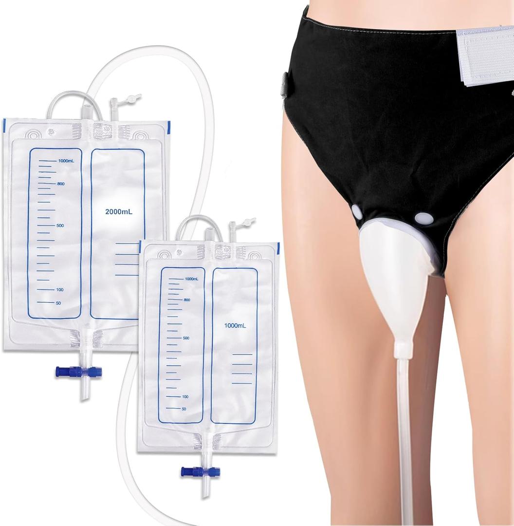 Wearable Urine Collector for Men with Silicone Urine Cup Adjustable Support Pants and Dual Urinary Bags 2000ml Night Use and 1000ml Day Use External Catheter for Men, Elderly Men Black