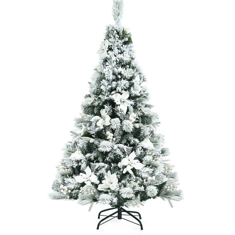 5ft Snow Flocked Hinged Christmas Tree w/Berries & Poinsettia Flowers