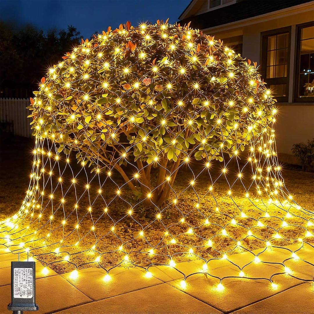 LitHome 14.8FT x 5FT Christmas Net Lights Outdoor Mesh Lights, 300 LED Warm White Net Light 8 Modes Connectable, Waterproof Giant Christmas Mesh Light Green Wire for Bushes Garden Yard Party Decor