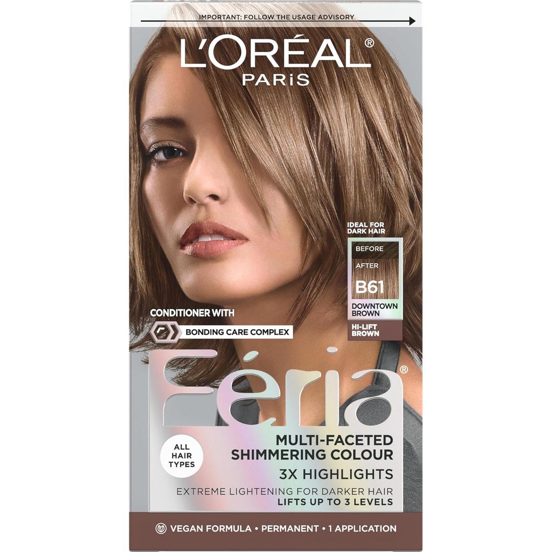 L'Oreal Paris Feria Multi-Faceted Shimmering Permanent Hair Color, B61 Downtown Brown (Hi-Lift Cool Brown), Pack of 1 Hair Dye Kit