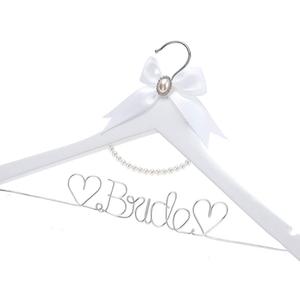 White Solid Wood Bridal Dress Hanger with Bridal Wire Lettering for Bridal Wedding Party Gift (White Hanger Silver Thread and Pearl Chain)