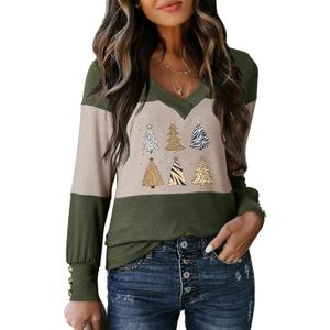 Dokotoo Long Sleeve Shirts for Women Fall Outfits V Neck Shirts Button Tunic Tops Fashion Winter Clothing (Green, XL)