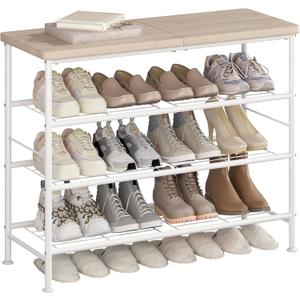 SUOERNUO Shoe Rack Organizer 4 Tier for Closet Entryway Free Standing Metal Storage Shoe Shelf with MDF Top BoardWhite+Oak
