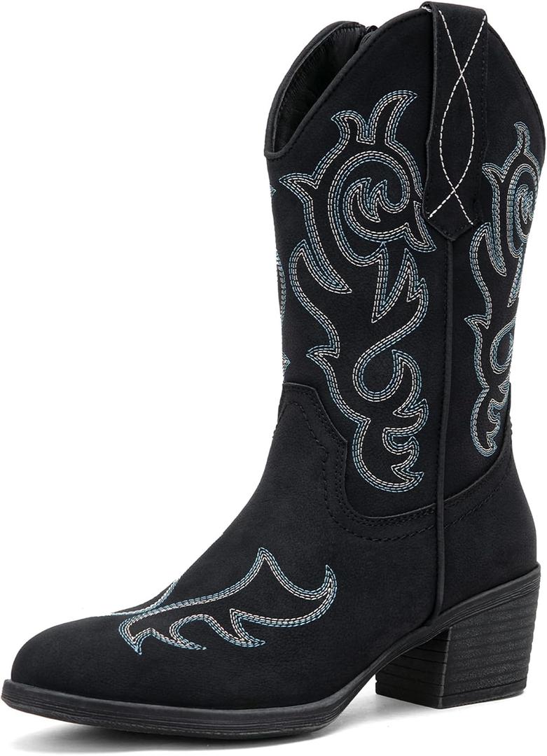 Vepose Womens Cowboy Mid Calf Boots Cowgirl Western Embroidered Chunky Low Heel 9800 Boots with Zipper Size 8