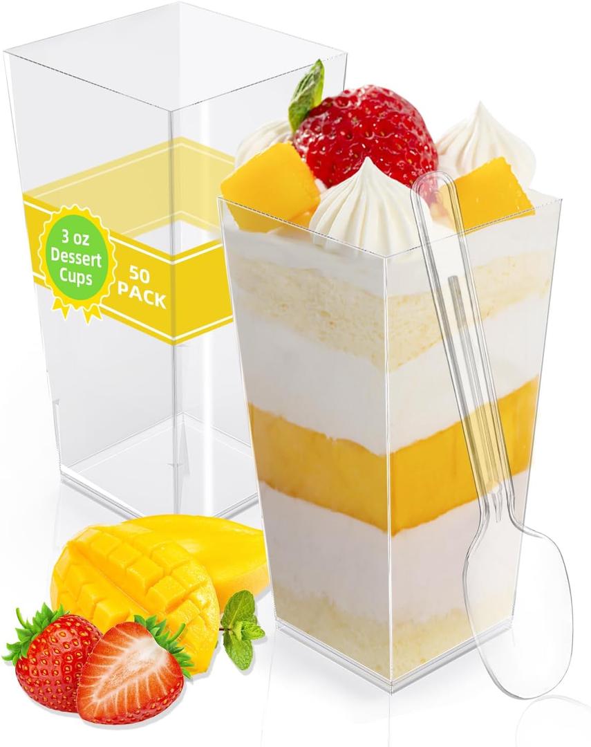 duskeep 100 Pack 3 oz Plastic Mini Dessert Cups with Spoons, Square Tall Clear Shooter Cups for Dessert, Individual Treat Cups, for Cake Parfait Appetizer Mousse Yogurt Pudding Fruit