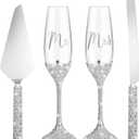 Sratte 4 Pcs Wedding Cake Knife and Champagne Flutes Server Set, Toasting Crystal Rhinestone Champagne Flutes Glasses Cake Knife Pie Server Wedding Gifts for Couple Bride Groom (Silver,Elegant)