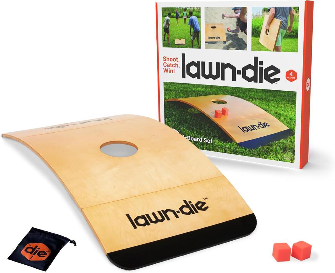 Lawn Die Wood Outdoor Toss Game Board - 24 x 46 in, 1 Target - Portable Folding Design for Yard Games - Unpredictable Silicone Dice for Lawn Games