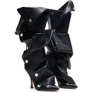 VOMIRA Women's Knee High Boots Stiletto Boots Pointed Toe High Heels Wide Calf Ruched Slouchy Boots Detachable Snap-off Panel Mid Calf Boots Black Boots (7)