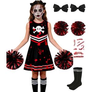 Cheerleader Dress Costume For Girl Full Set Dress Halloween Accessories (6-7T, Black Red)
