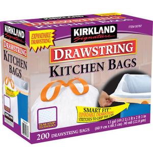 Kirkland Signature 13 Gallon 200 Ct Carton 100% recyclable Heavy Duty Drawstring Kitchen Trash Bags Garbage Bag,White
