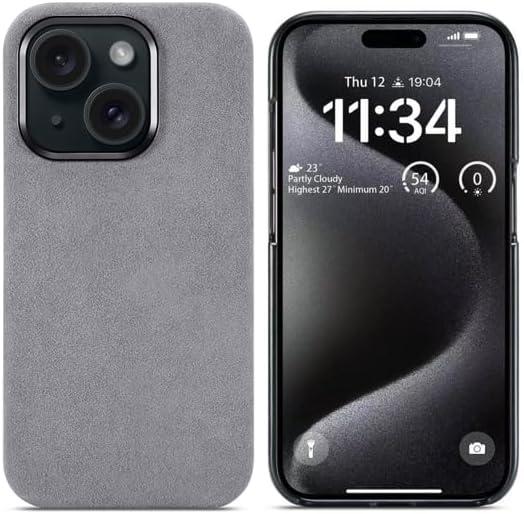 Alcantara Case for iPhone 15, Handmade Half-Wrapped Synthetic Suede Cover, Compatible with Magsafe Wireless Charging (Gray)