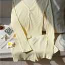 WDIRARA Women's 2 Piece Outfits Skinny Mini Shorts Set V Neck Long Sleeve Knitted Outfits (Yellow, L)