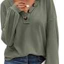BTFBM Womens Fall Fashion 2025 Long Sleeve Shirts Spring V Neck Loose Casual Deco Button Lightweight Waffle Knit Tops (S)