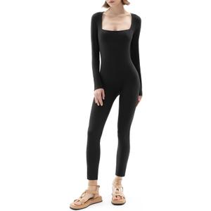PUMIEY Jumpsuits for Women Square Neck Long Sleeve Bodycon Unitard One Piece Outfits Chill Collection (Large, Jet Black)