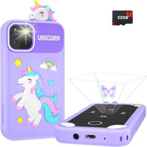 Kids Smart Phone for Girls with Holographic Pyramid, Christmas Birthday Gifts for Age 3-10 Kids Toys Cell Phone, 2.8" Touchscreen Toddler Learning Play Toy, Dual Camera, Music Player, 32G Card, (Purple)