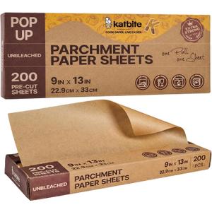 Katbite Parchment Paper Sheets Pop-Up 200 PCS, 9x13 Inches Precut Heavy Duty Baking Parchment, Extra Strong, Unbleached, Non-stick, Non-toxic, Flat Baking Paper for Oven, Cooking, Grilling, Air Fryer