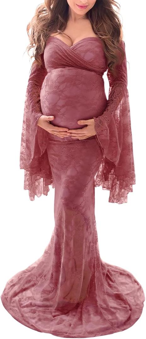 Saslax Off Shoulder Lace Maternity Dress for Photography Maxi Maternity Props Dresses for Photo Shoot Baby Shower (Medium, Antique Rose)