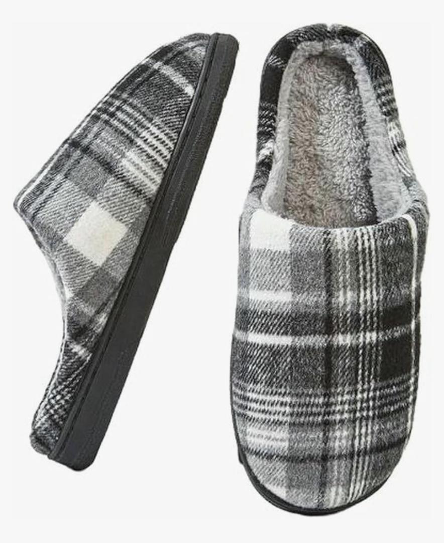 Men'S Plaid Plush Comfortable Memory Foam Home Slippers For Winter Warmth Softness And Non-Slip Open Heels (8-9M US, Black)