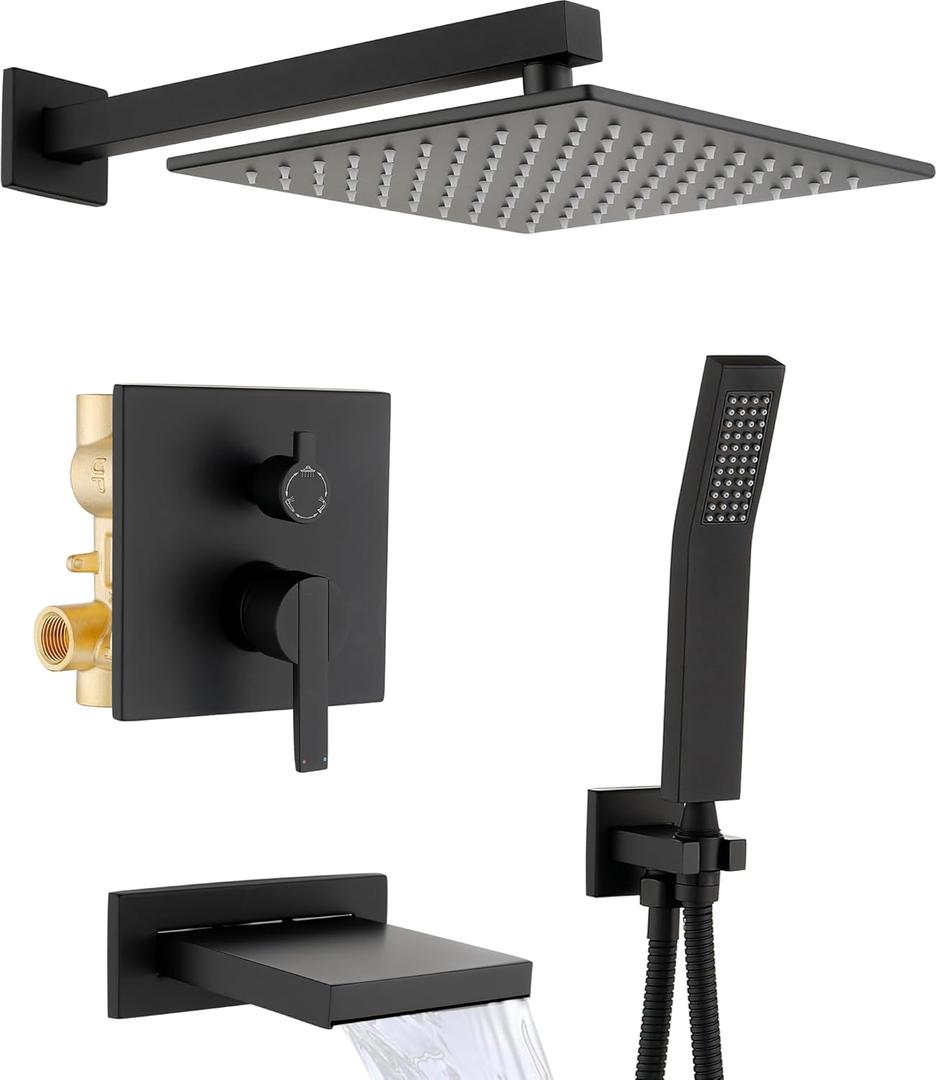Shower System with Tub Spout, All Metal Black Bathtub Shower Faucet Set with High Pressure 10 Inch Rain Shower Head and Handheld Shower Head Set, Matte Black (Valve Include