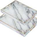 Serving Tray, Set of 2 Plastic Marble Coffee Table Tray 18.9"x13.7"x1.6"/15.7"x11.8"x1.6" Food Trays for Eating on Lap Coffee Tray with Handles Rectangular Decorative Trays,Tea Trays for Serving