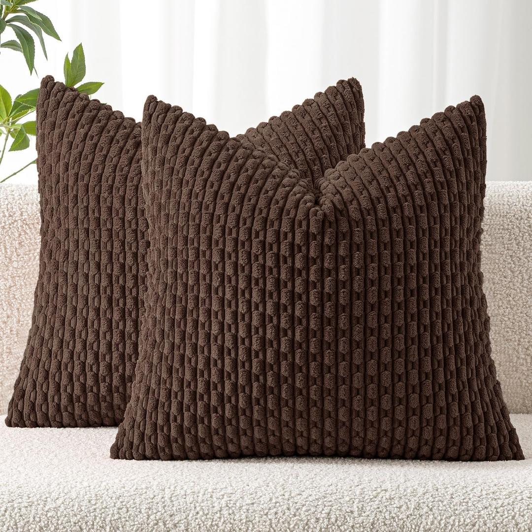 MIULEE Pack of 2 Decorative Throw Pillow Covers 18x18 Inch Soft Boho Striped Textured Corduroy Pillow Covers Modern Farmhouse Home Decor for Couch Bed Sofa Living Room Dark Brown