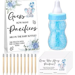 Roowest 512 Pcs Baby Shower Games Guess How Many Pacifiers Sign 100 Small Guessing Games 10 HB Pencils 750ml Milk Bottle 400 Acrylic Pacifiers Decoration for Guest Gender Reveal(Blue,Elephant)