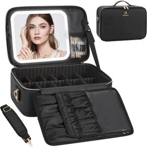 Relavel Makeup Bag with LED Mirror Travel Train Case Large Cosmetic Bags Organizer with Lighted Up Mirror with 3 Color Lights, Adjustable Brightness, Adjustable Dividers and Shoulder Strap (Black) (B-Medium, I black)