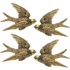 4 Pcs Vintage Bird Wall Sculpture Decor Art 4.7 Inch Antique 3D Sculpted Hanging Bird Resin Wall Art Golden Brass Floating Ornament for Living Room Garden Outdoor, Gifts for Couples Housewarming (Symmetry)