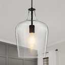 9.3" Blown Glass Pendant Lighting for Kitchen Island,Black Large Pendant Light Fixture with blown Thickened Glass,1 Light Farmhouse Hanging Light for Hallway,Bedroom, Living Room Tall 14 inch (Clear Stream)