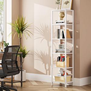TUTOTAK Bookshelf, 6-Tier Tall Book Shelf, Narrow Bookcase for Small Space, DIY Stackable Bookshelf, for Living Room, Office, Study, Entryway, Industrial, White BS01BW006 (6-Tier(10.7 x 14.5 x 65.3 Inches))